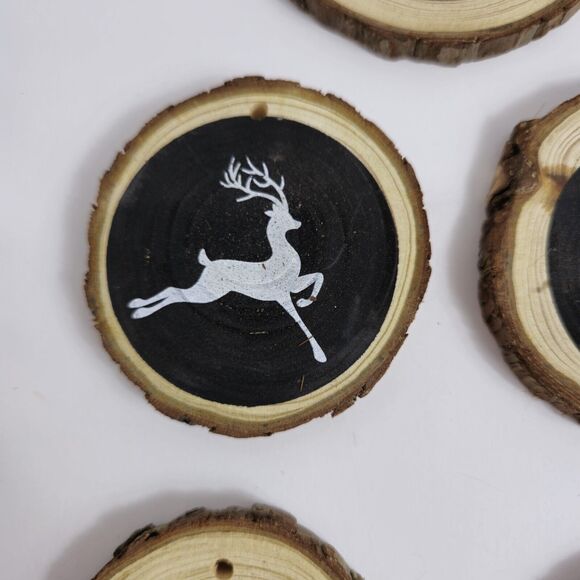 Set of 8 Rustic Wooden Log Pine Chips Black White Christmas Ornaments - Picture 6 of 11